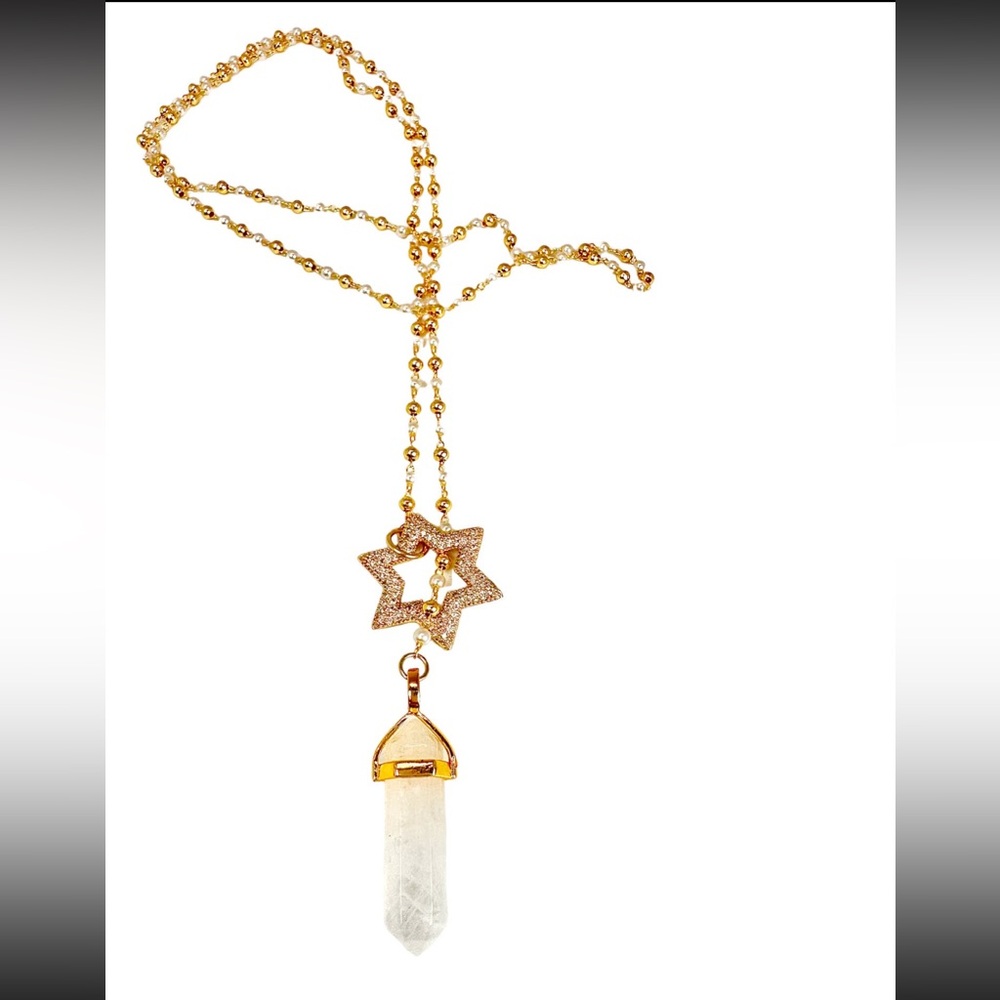 Aviva Stanoff Gold plated White Quartz Crystal Star 32 “ Necklace